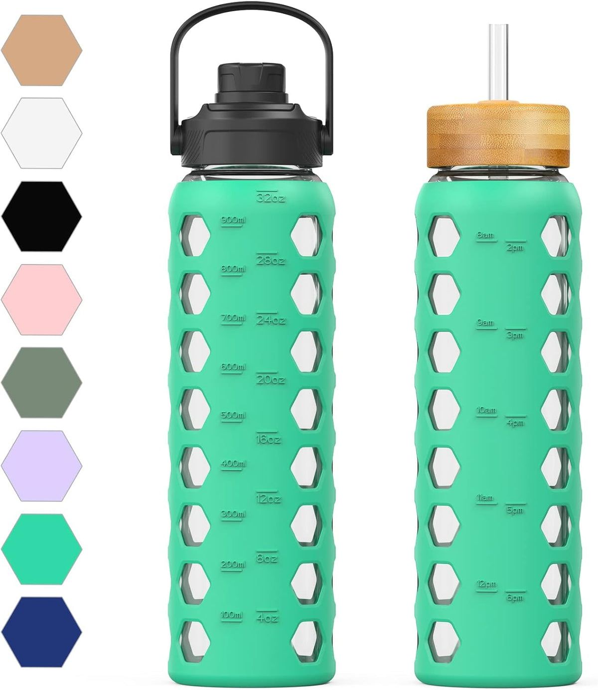 MUKOKO 32oz Glass Water Bottles with 2 Lids-Handle Spout Lid&Bamboo Straw Lid, Motivational Water Tumbler with Time Marker Reminder and Silicone Sleeve, Leakproof-Green-1 Pack