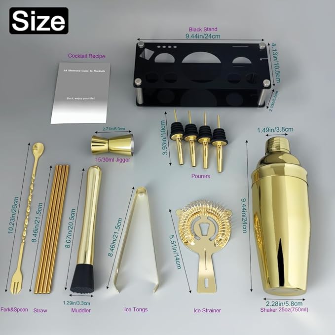 14-Piece Cocktail Shaker Set Bartender Kit with Black Stand, Bar Tool Set for Drink Mixing Bartending Kit Bar Sets Accessories: 750ml(25oz) Shaker, Jigger, Muddler, Cocktail Recipes (Gold)