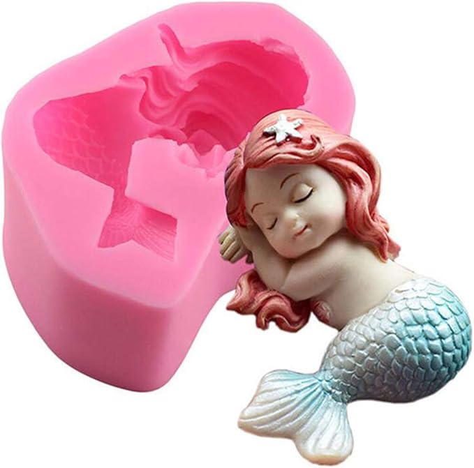 OBTANIM Silicone Mermaid Fondant Mold Cute 3D Sleeping Baby Girl Mould Cake Topper DIY Decoration Baking Tool for Sugarcraft, Chocolate, Candle, Soap Making and Crafting
