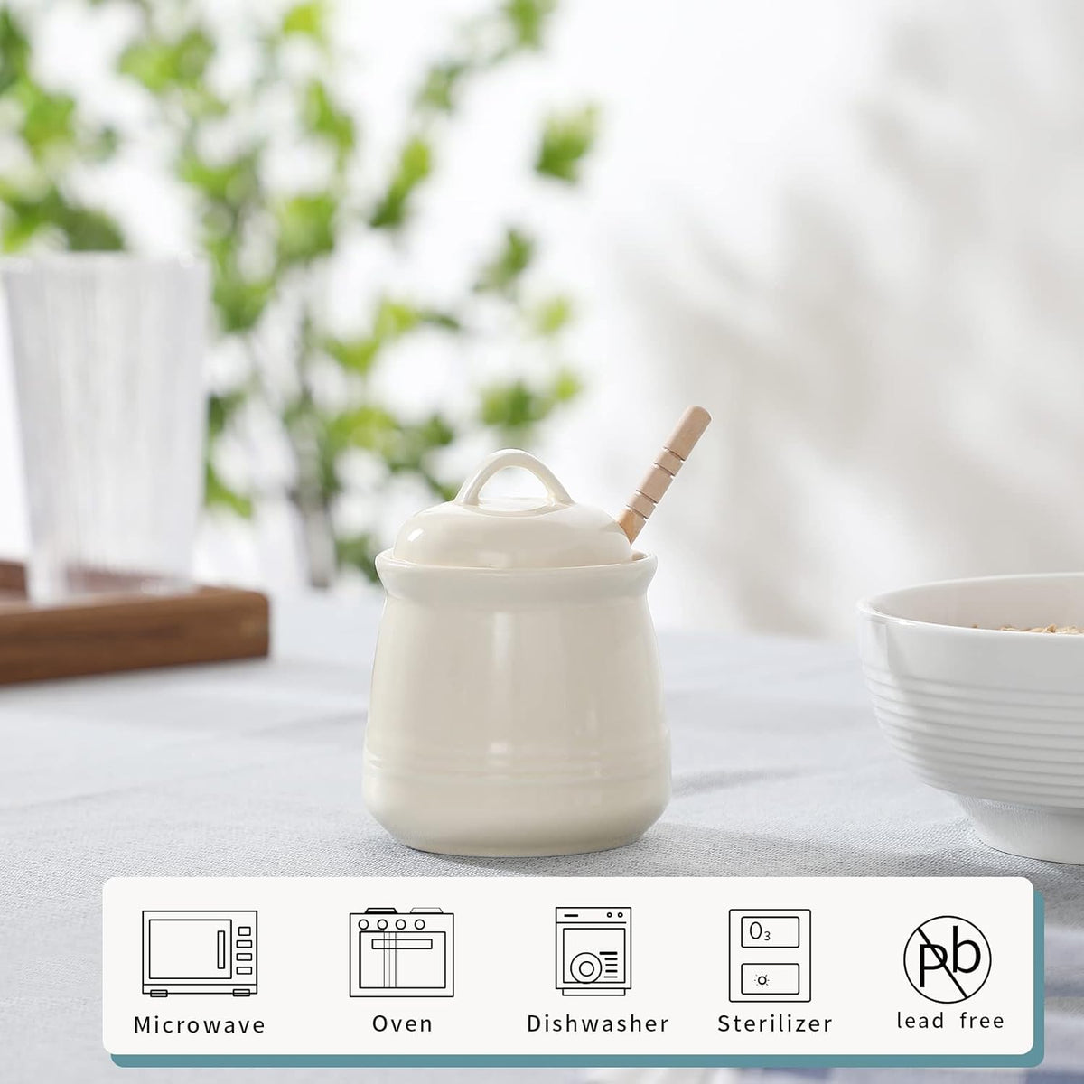 HAOTOP Ceramic Honey pot with Lid and Honey Dipper,Porcelain Honey Jar Easy to Clean and Dishwasher Safe,12oz (Beige)