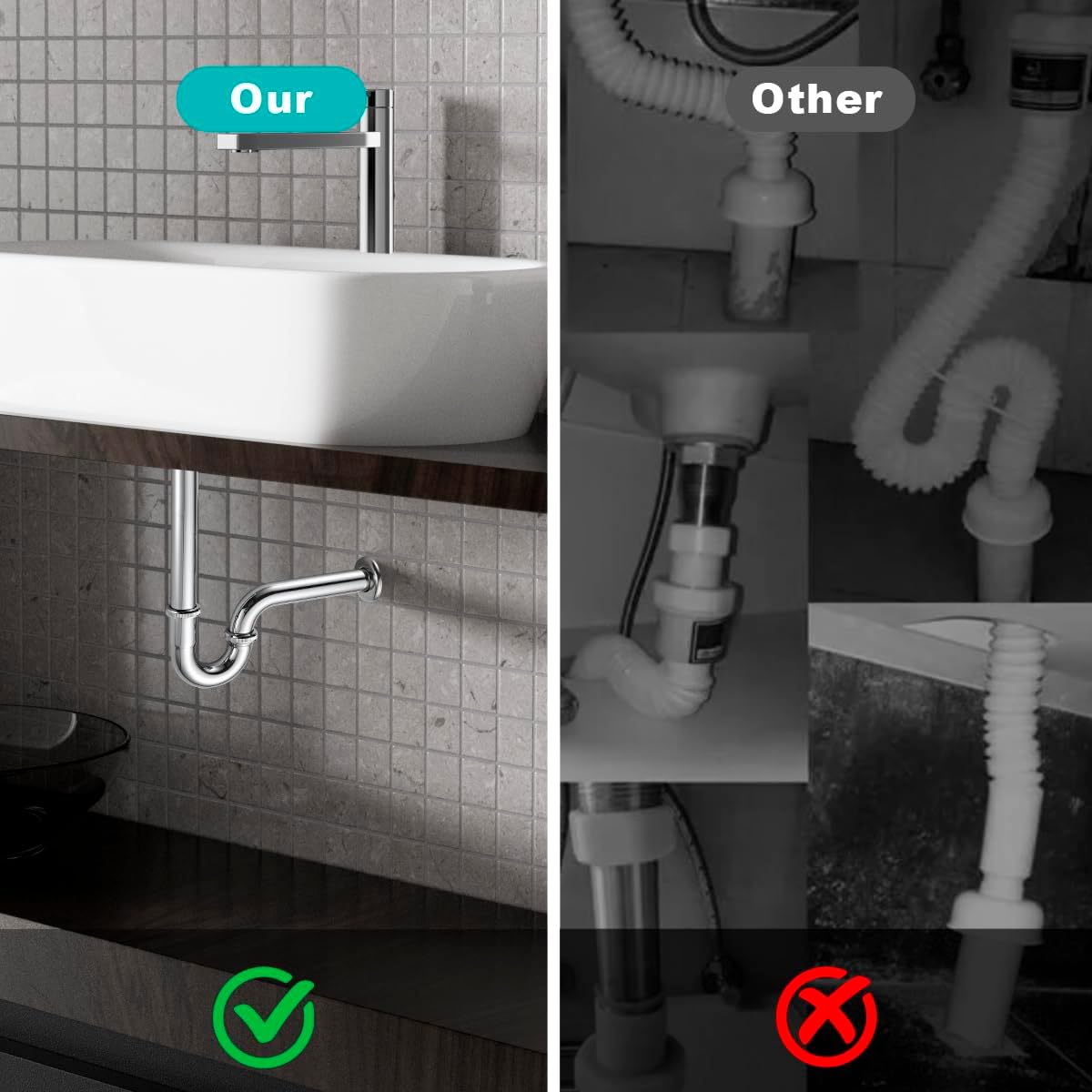 U-Shape Bottle Trap for Bathroom Sink, 1-1/4 P-trap Slip Inlet Drain Complete Kit, Lavatory Sink Stopper Set Without Overflow, Chrome