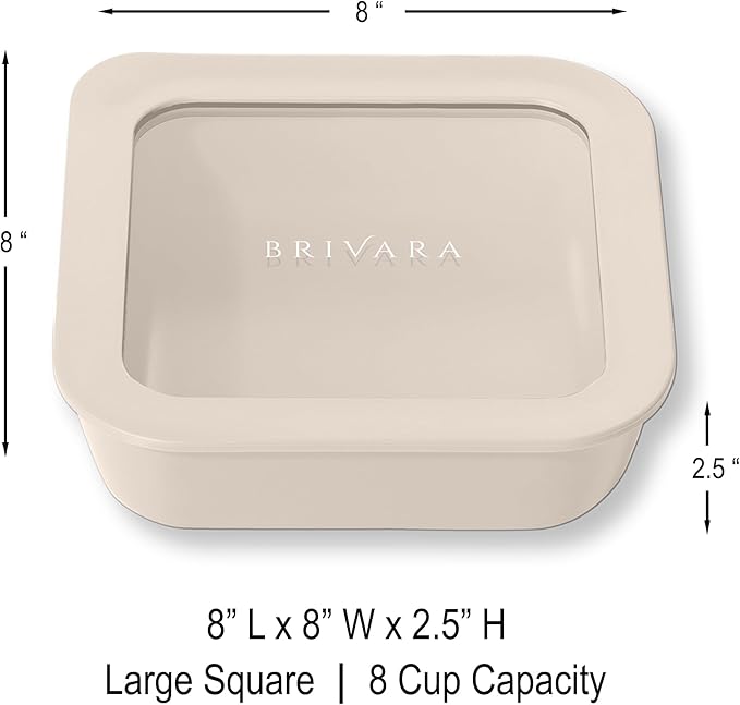 Ceramic Coated Glass Food Storage Container | No PTFE, PFOA, PFAS, and BPA | Reusable Non Toxic Meal Prep Container with Glass Lid | Easy To Store | 8 Cup Square [Crema]