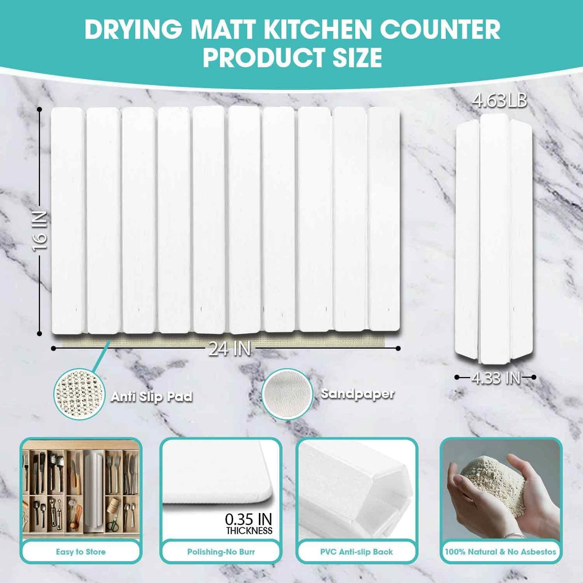 Dish Drying Mat Stone Bath Mat Diatomaceous Earth Stone Drying Mat For Kitchen Counter Sink Bath Mat Quick Dry Non Slip Foldable Dish Drying Rack Mat Large(24"×16" White)