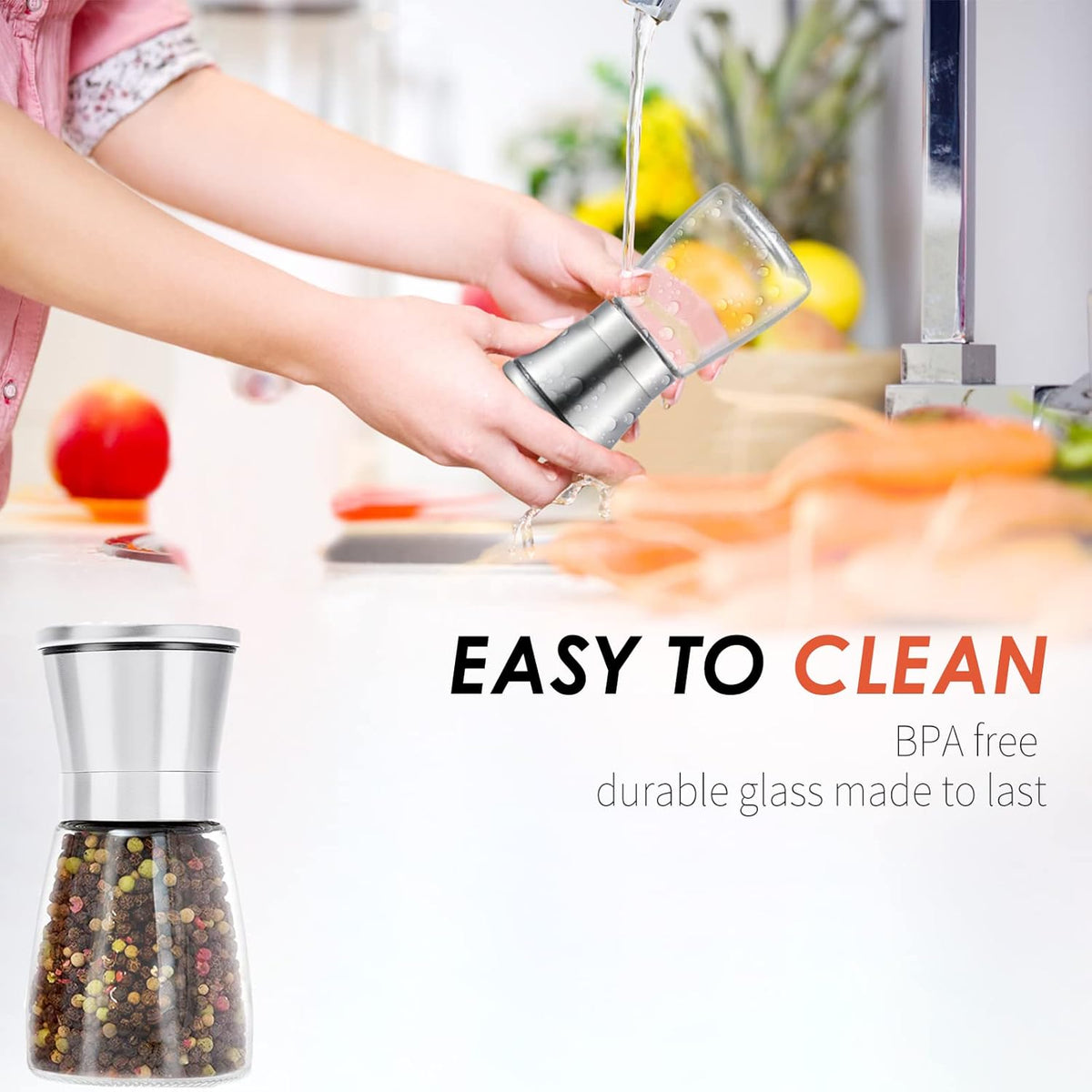 Professional Pepper Grinder - with Germany Hardened Carbon Steel Mechanism Rotor, Refillable Pepper Mill 6OZ Glass Adjust Coarseness (1PCS-Sliver-304）