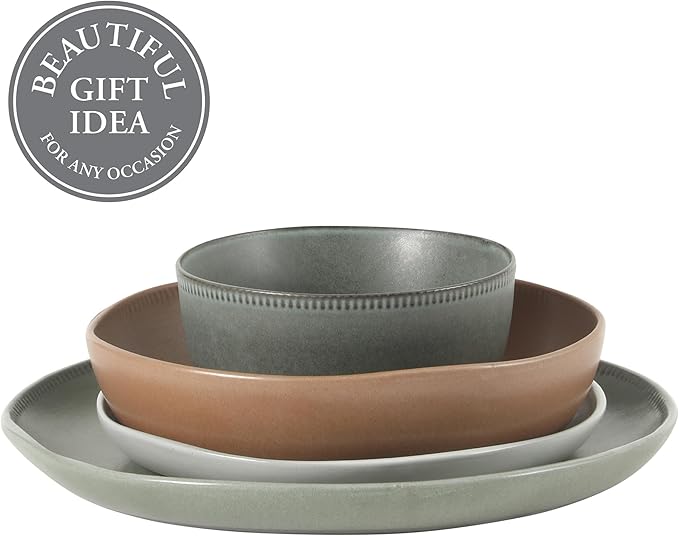 Gibson Elite Menlo Park 16-Piece Pottery Clay Stoneware Dinnerware Set – Assorted Color Reactive Glaze, Organic Shape Embossed Plates and Bowls W/Pasta Bowl, Service for 4 Microwave Dishwasher Safe