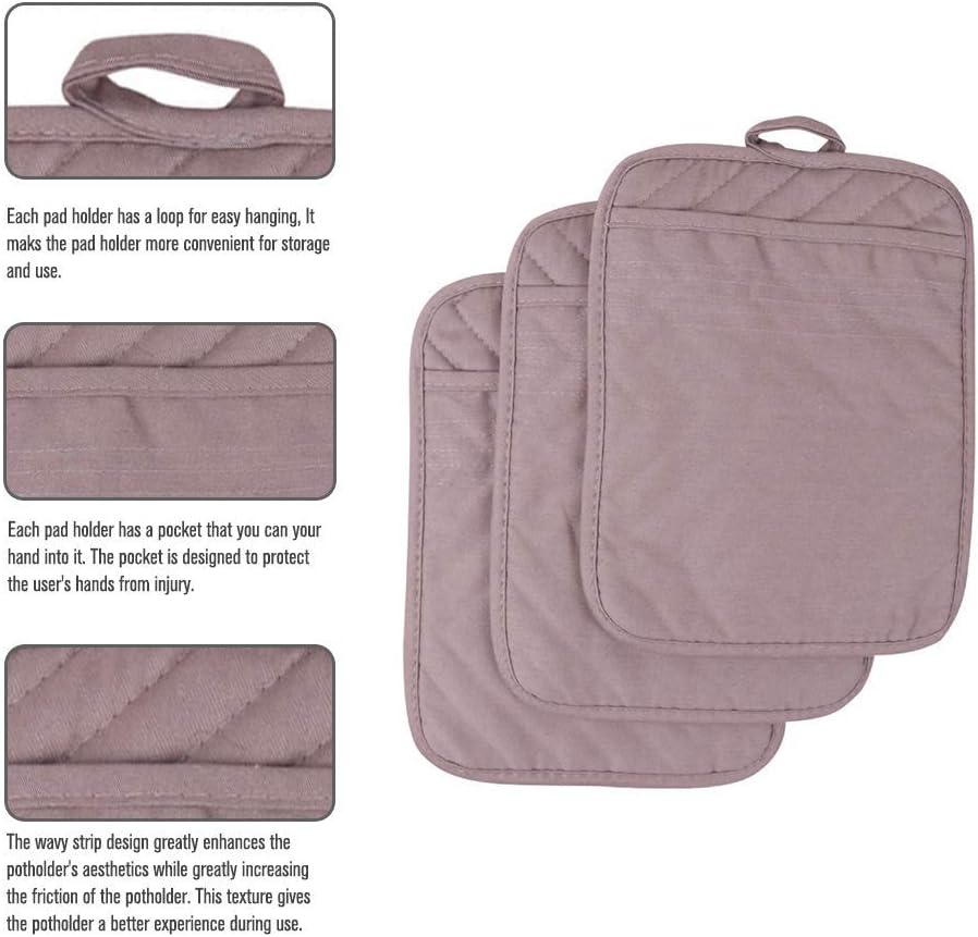 Anyi Cotton Pot Holders, Heat Resistant Grey Kitchen Counter Pads with Pocket Pack of 3