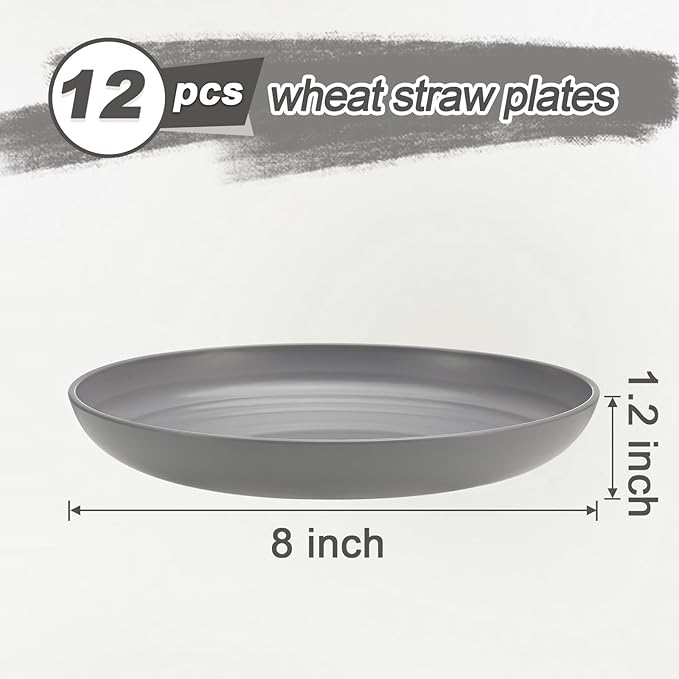 12 Pcs Unbreakable Deep Dessert Plates Set, 8 inch Reusable Plastic Wheat Straw Plates, Microwave and Dishwasher Safe Plate for Kitchen, Lightweight Plate for Dessert, BPA Free, Gray