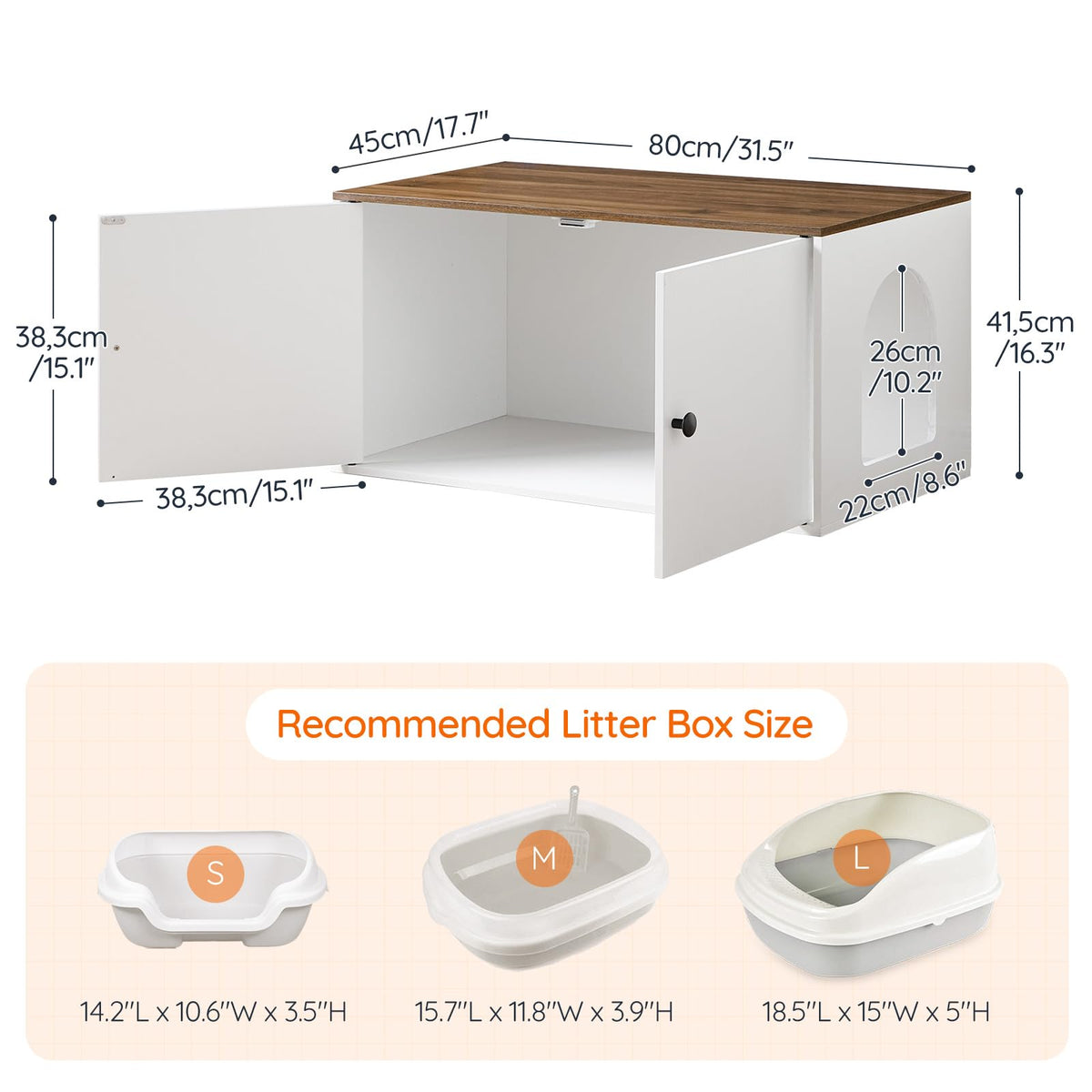 HOOBRO Cat Litter Box Enclosure, Hidden Litter Box Furniture with Side Entry, Litter Box Cabinet, Indoor Cat House, End Side Table, 31.5" L x 17.7" W x 16.3H, for Bathroom, White and Walnut WH40MW01