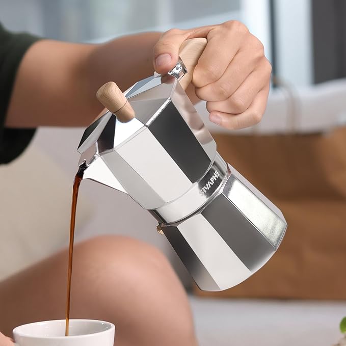 Sivaphe Aluminum Moka Pot 6 Espresso Cups, Percolator Espresso and Coffee Maker, Portable Stovetop Italian and Cuban Café Brewer for Home and Camping Sliver