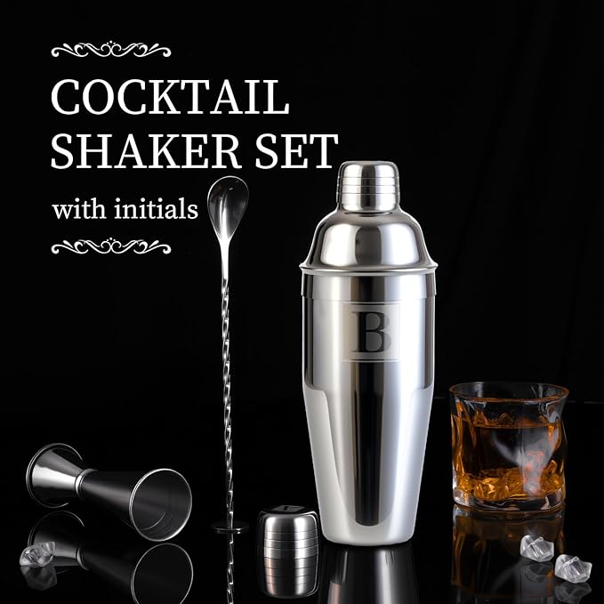 24oz Cocktail Shaker Set with 1 oz 2oz Jigger - Monogramm Initials Martini Shaker Set - 304 Stainless Steel Bar Shaker for Margarita,Mojito-Personalized Gift for Friend,Husband-M