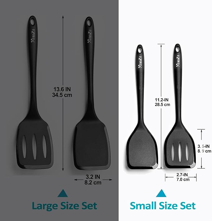 Silicone Spatula Turner Set, High Heat Resistant Spatulas with Seamless One Piece Design, Nonstick Rubber Flippers Utensils for Baking & Cooking,BPA-Free, Black,11 IN