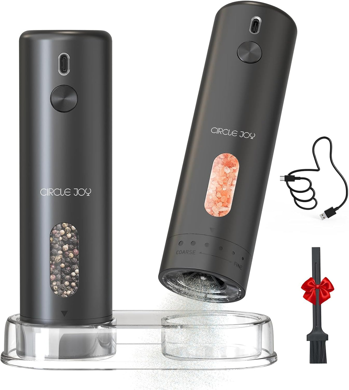CIRCLE JOY Rechargeable Electric Salt and Pepper Grinder Set with Base, Automatic Pepper Mills with 110ml Container, External Adjustable Coarseness, White Led Light and One-Handed Operation, Black