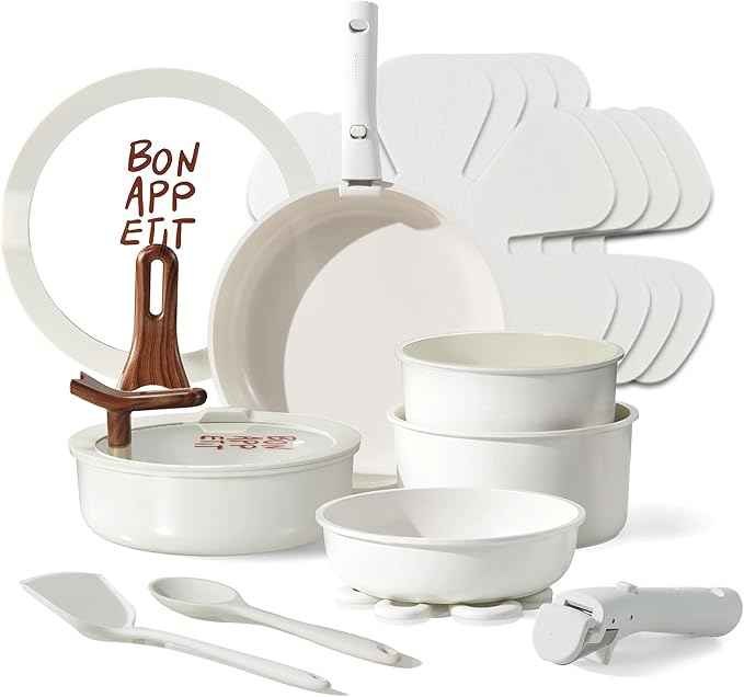 CAROTE 18Pcs Ceramic Cookware Set with Detachable Handle, Pots and Pans Set Non Stick, Non Toxic Kitchen Cooking Sets with Stand-Up Lid, PFAS and PFOA Free, Oven Safe, Induction Ready, Cream White