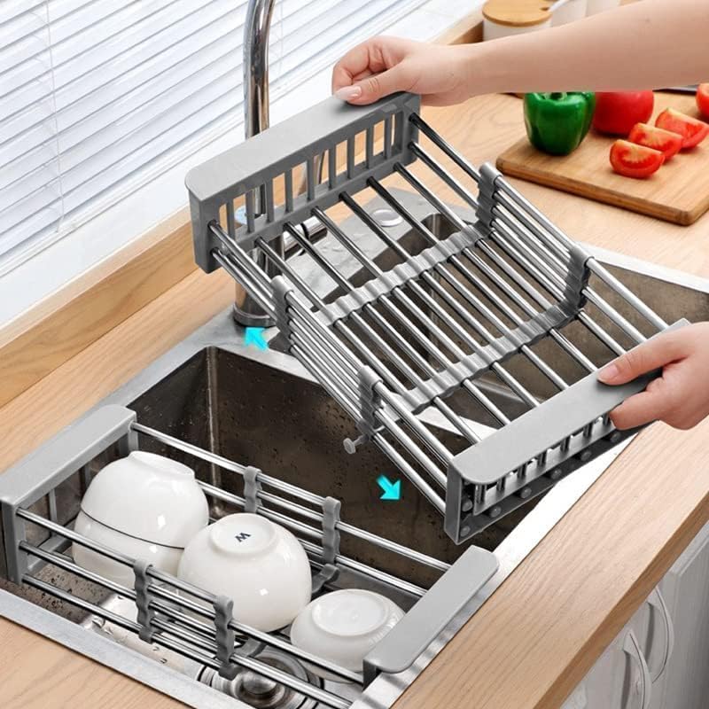 Cyrank Dish Drying Rack, Over The Sink PET Kitchen Rack, Expandable Drain Basket, Adjustable Stainless Steel Strainer, S#Grey