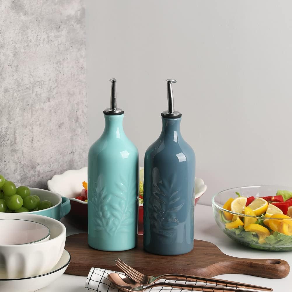 Sweejar Ceramic Olive Oil Dispenser Bottle, 20 Oz Relief Opaque Oil Cruet Protects Oil To Reduce Oxidation, Suitable for Storage Oil, Vinegar, Soy Sauce, Coffee Syrup, Liquids, Set of 1 (Fog Blue)