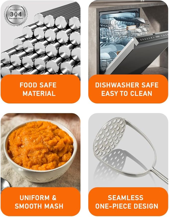 Brigii Potato Masher, Dual Arc for Easy, Labor-Saving Mashing, 304 Stainless Steel, Sturdy and Durable One-Piece Potato Press, Dishwasher Safe, for Potatoes and More