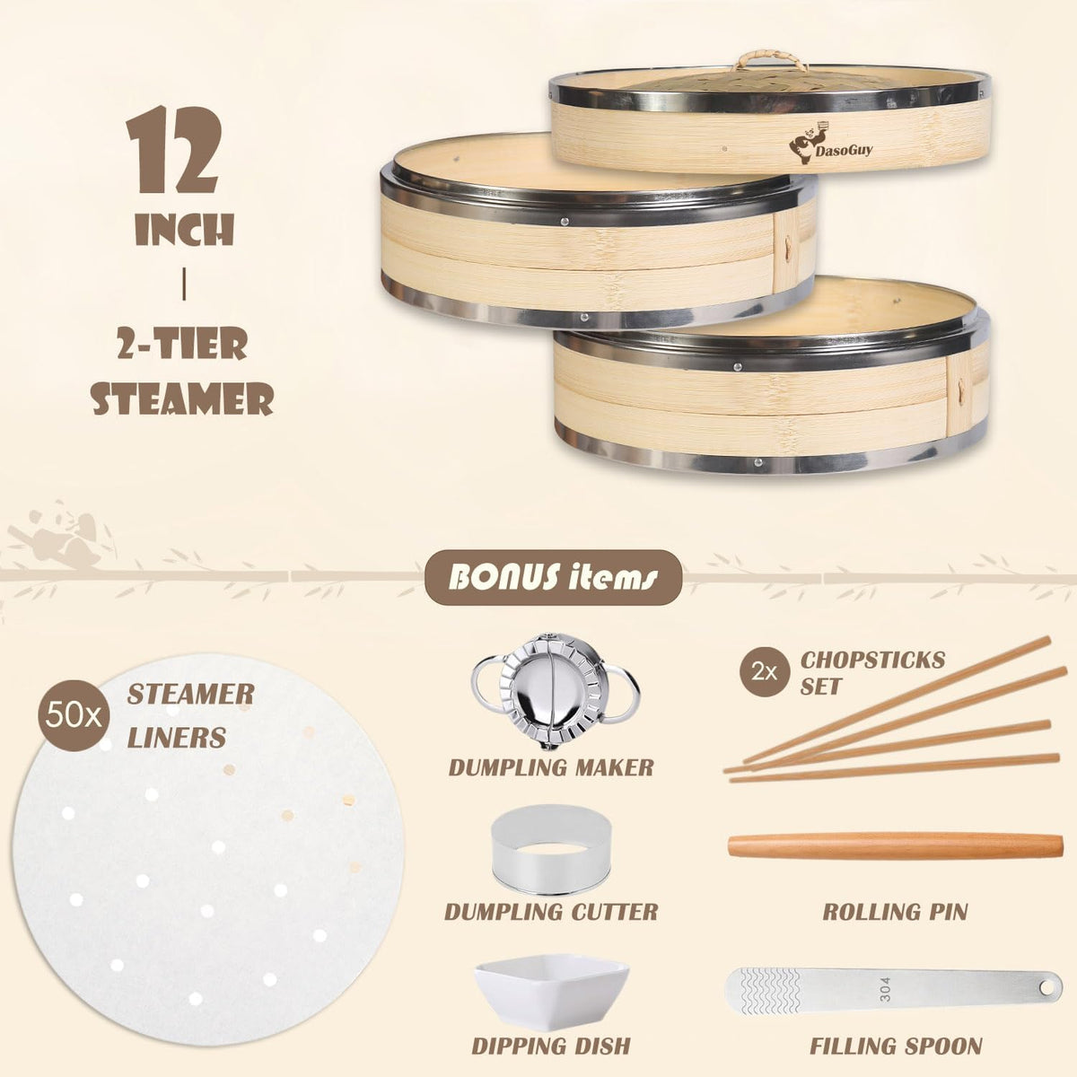 Bamboo Steamer Basket, Stainless Steel Reinforced Rim, 12-Inch 2-Tier Steamer for Cooking, 50 Liners Chopsticks Sauce Dish Dumpling Makers, Steaming Asian Food Bao Buns Dim Sum Rice Veggies Steam Pot