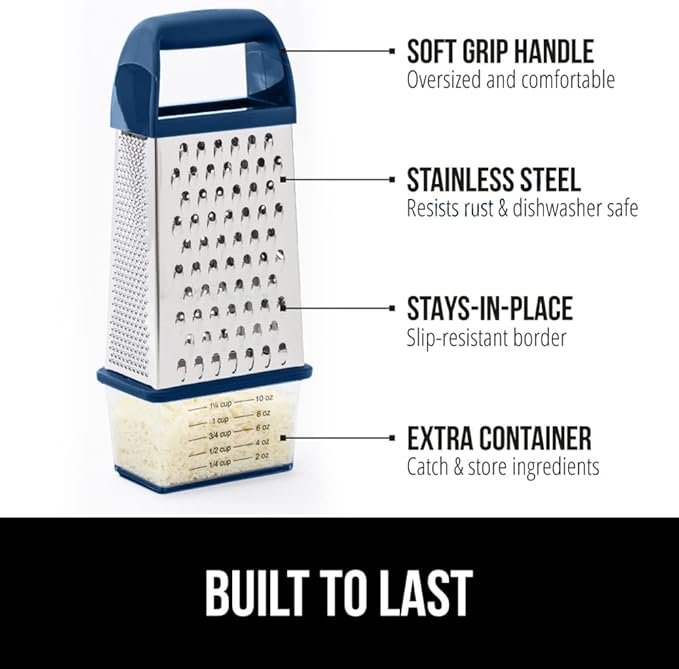 GORILLA GRIP 4-Sided 100% BPA-Free Cheese Grater With Container, Stainless Steel XL Box Graters, Parmesan Shredder, Grate Cheeses, Shred Veggies, Slip Resistant Handle, Dishwasher Safe Zester, Blue