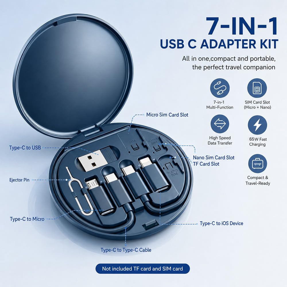 Yesimla USB C Adapter Kit, Multi Charging Cable Case Convertor USB C to iOS Device Type C Micro Adapter Data Transfer Contains Card Slot for Traveling, Use as Phone Holder(Midnight Blue)