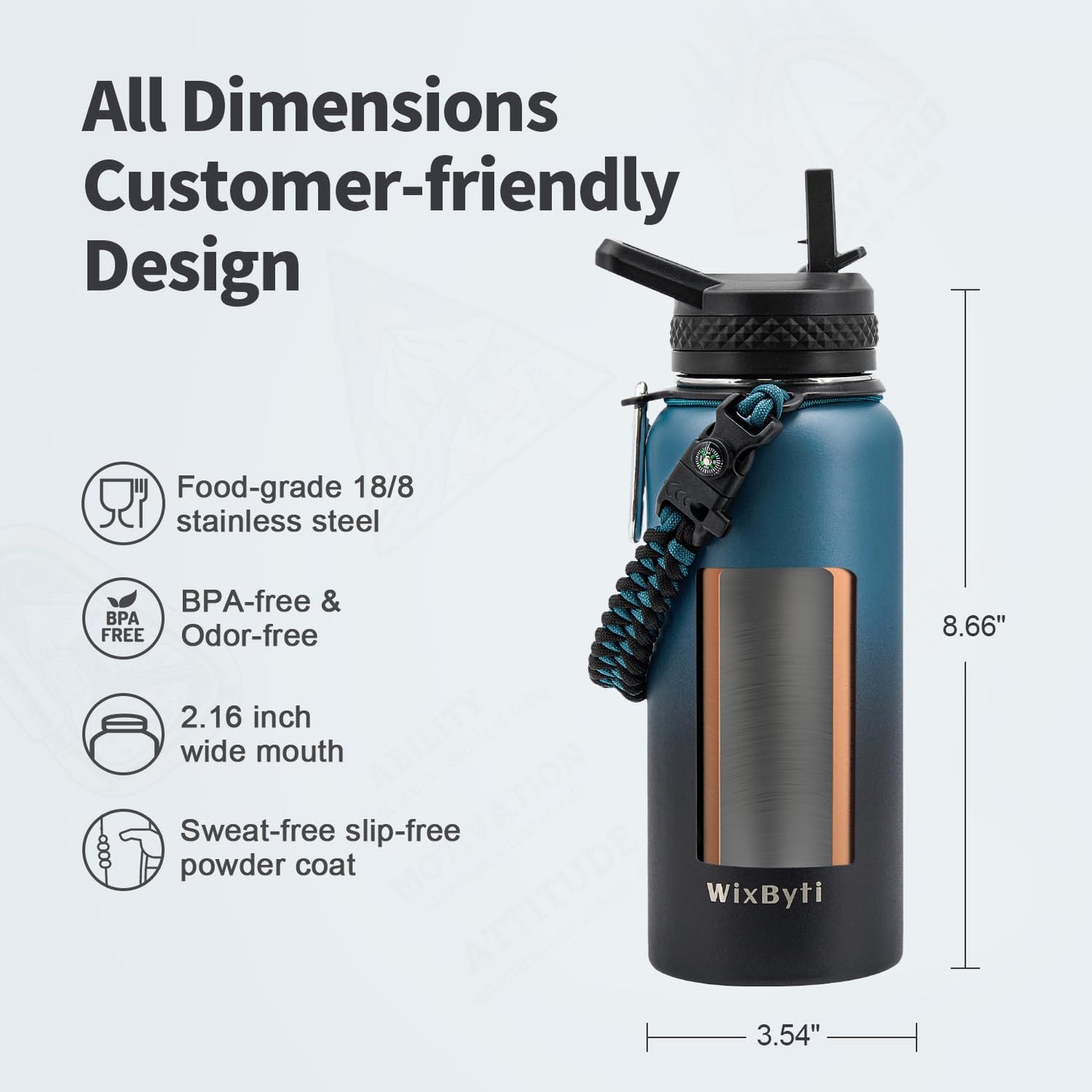 WixByti 32 oz Insulated Water Bottle with Straw, Stainless Steel Water Jug
