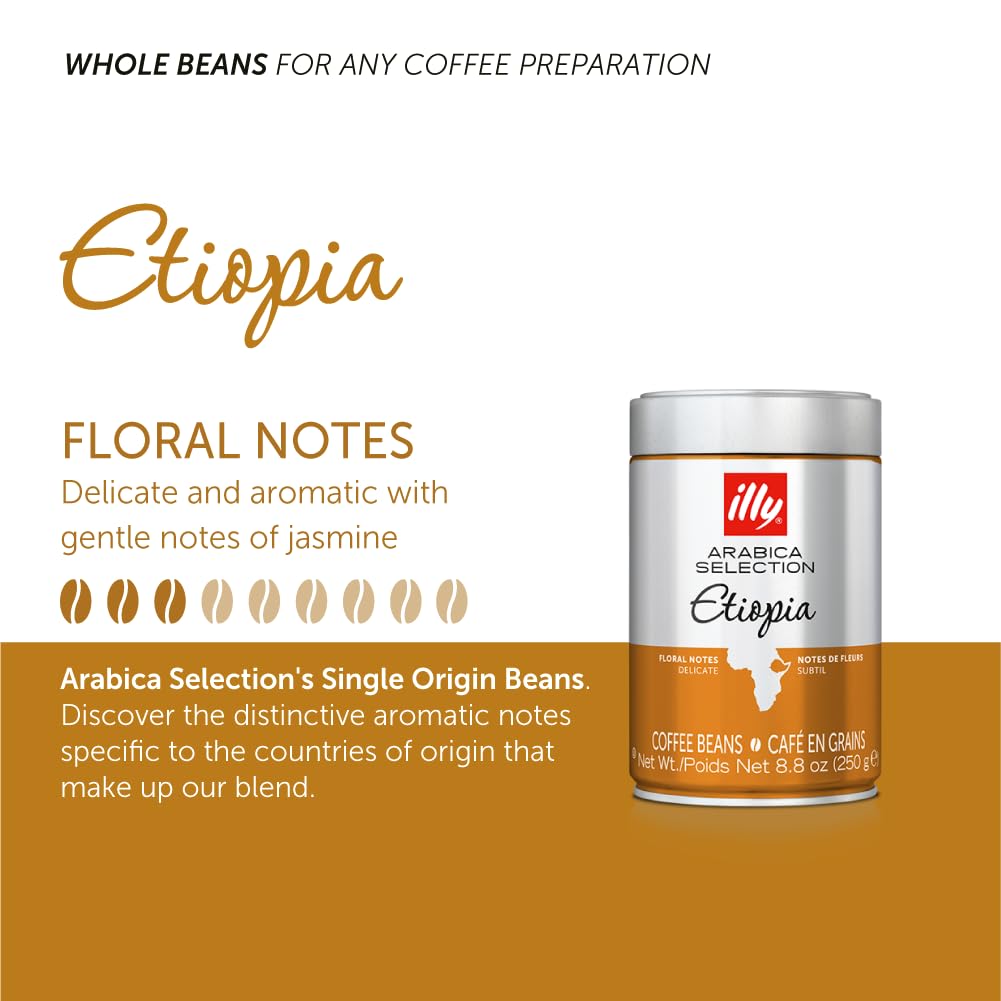 illy Arabica Selections, Ethiopia Whole Bean Coffee, 100% Arabica, Single Origin, Light Roast with Notes of Jasmine, All-Natural, No Preservatives, 8.8 Ounce Can (Pack of 6)