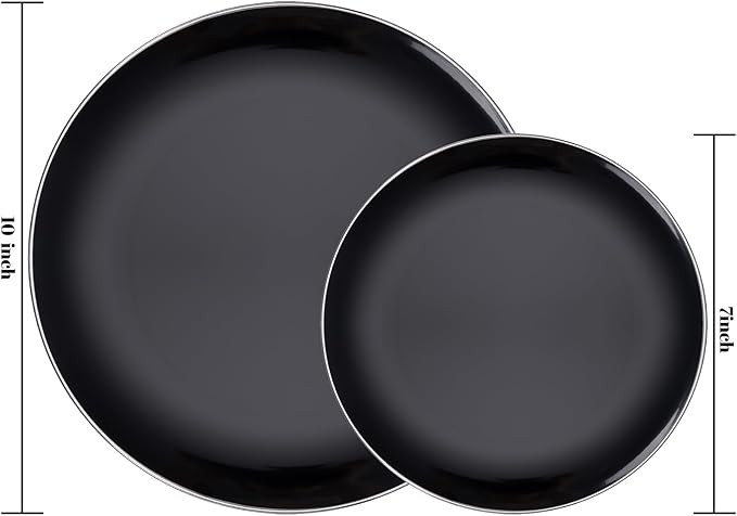 bUCLA 100PCS Black Plastic Plates - Heavy Duty Black Disposable with Silver Rim Include 50 Each (10 inch Dinner & 7 inch Dessert) Plates, Ideal for Party & New Year