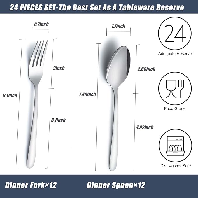 24 Pcs Forks and Spoons Silverware Set, Food Grade Stainless Steel Flatware Cutlery Set for Home, Kitchen and Restaurant, 12 Dinner Forks and Dinner Spoons, Mirror Polished & Dishwasher Safe