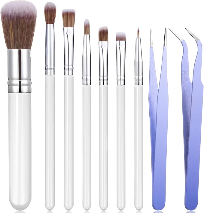 Sinmoe 10 Pieces Cake Candy Decorating Brushes Tools Cookie Decoration Brushes Pastry Brush and Stainless Steel Straight and Curved Tip Tweezers Pasta Tweezers for Baking Fondant (Macaron Color)