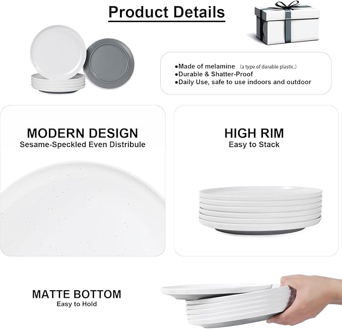 Webbylee Melamine Dessert Plates Set of 6-7.5" Serving Durable Dishes Perfect for Kitchen Outdoor Use,Durable Small Plates for Salad-White & Grey