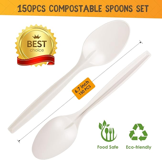 Gezond Compostable Spoons 150 Pack 6.7 Inch Disposable Spoons No Plastic Biodegradable Cutlery Set Heavy-duty for Party Wedding Camping Office Picnic