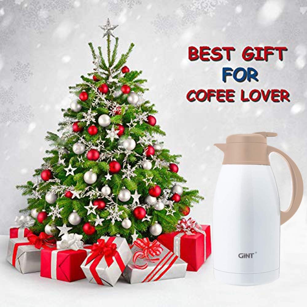 GiNT Stainless Steel Thermal Coffee Carafe, Double Walled Vacuum Thermal Carafe, Water and Beverage Dispenser,12 Hour Heat Retention，65 OZ /1.9 Liter White