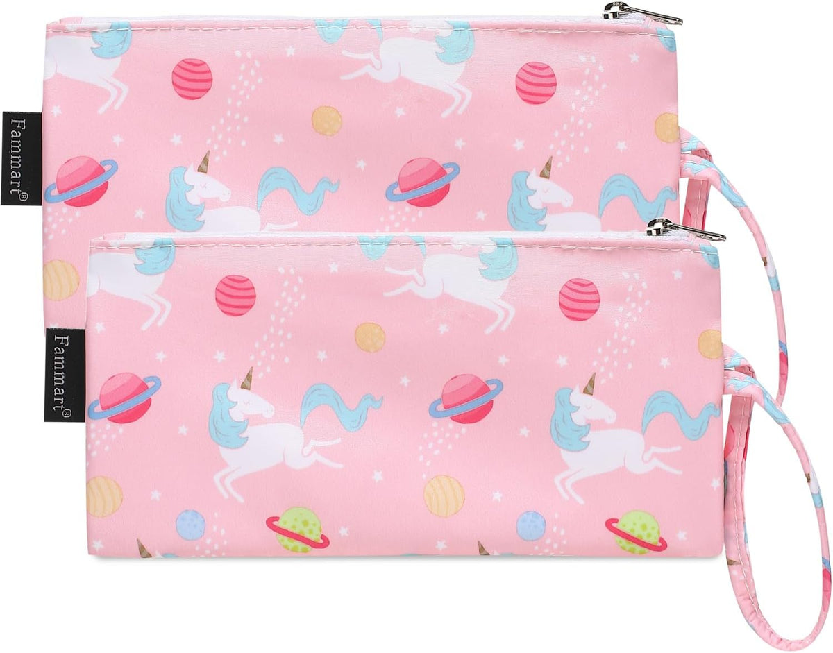 Reusable Sandwich Bag/Snack Bag for Kids & Adults, Dual Layer Lunch Bag with Handle, Washable, Food Safe, BPA Free (2-Pack, Planet Unicorn)