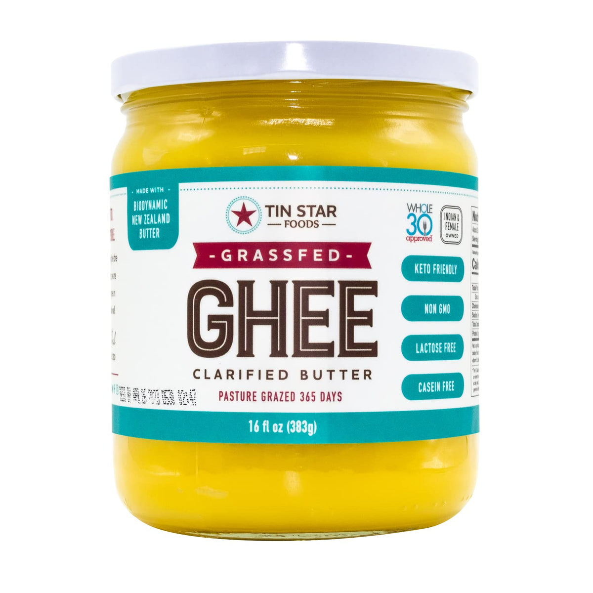 Tin Star Foods - 16 oz Certified Grassfed Traditional Desi Ghee GLASS JAR. Made in kettles and hand filtered in Dallas Texas. Indian owned brand