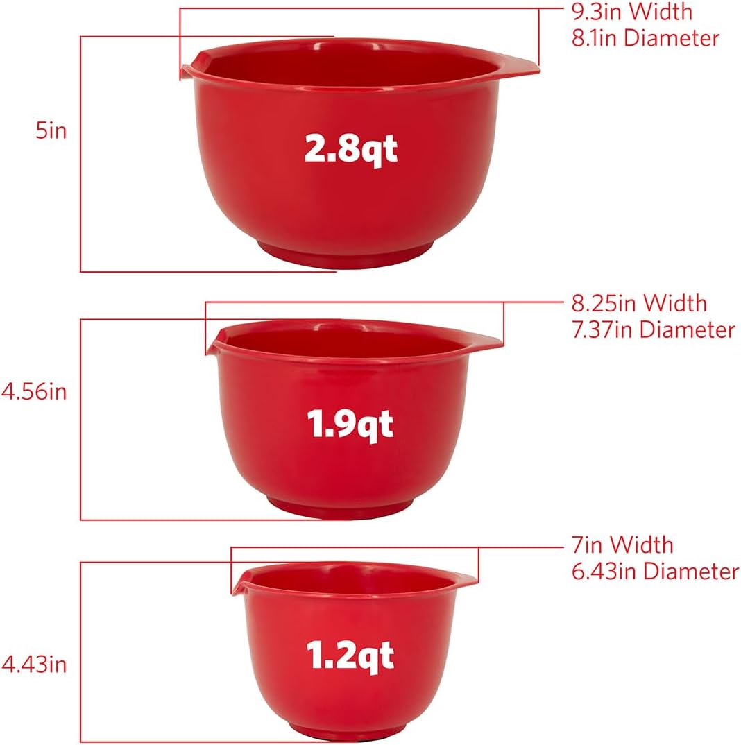 GLAD Mixing Bowls with Pour Spout, Set of 3 | Nesting Design Saves Space | Non-Slip, BPA Free, Dishwasher Safe Plastic | Kitchen Cooking and Baking Supplies, Red