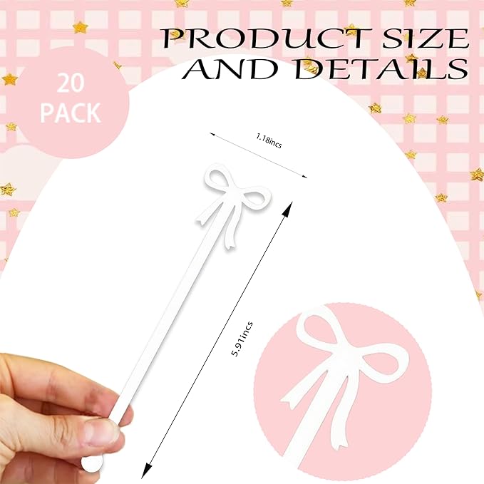 20 pcs Bow Drink Stirrers, Acrylic Drink Stirs for Bow Themed Party Decoration, Coquette Birthday Cocktail Wedding Decorations Party Favors (white)