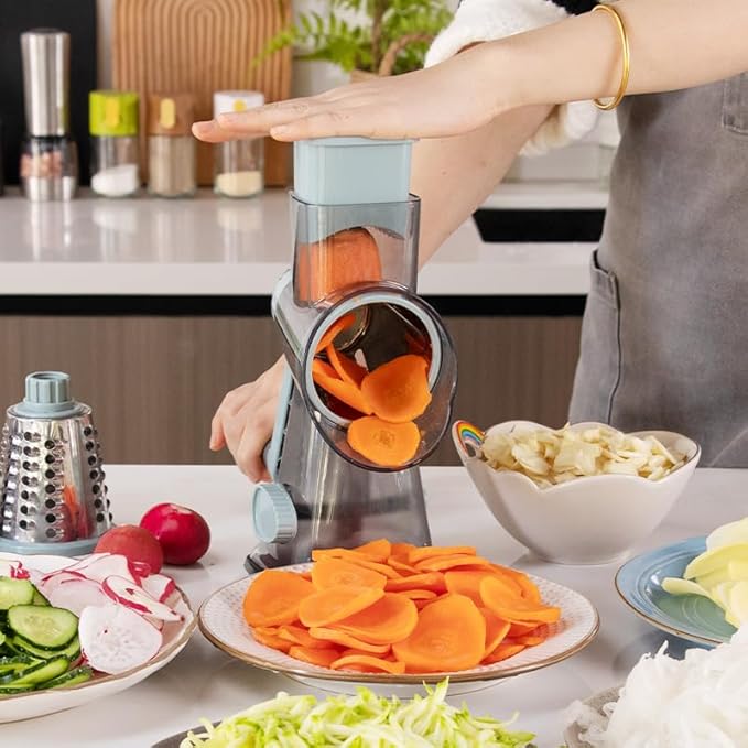 Cheese Grater Hand Crank Rotary Vegetables Shredder with Handle, 3-in-1 Graters with Interchangeable Blades and Strong Suction Base Multifunctional Slicer for Kitchen