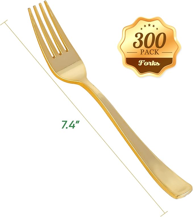 FOCUSLINE 300 Pack Disposable Gold Plastic Forks, Solid and Durable Plastic Cutlery Forks, Heavy Duty Disposable Utensil Silverware for Catering, Parties, Dinners, Weddings
