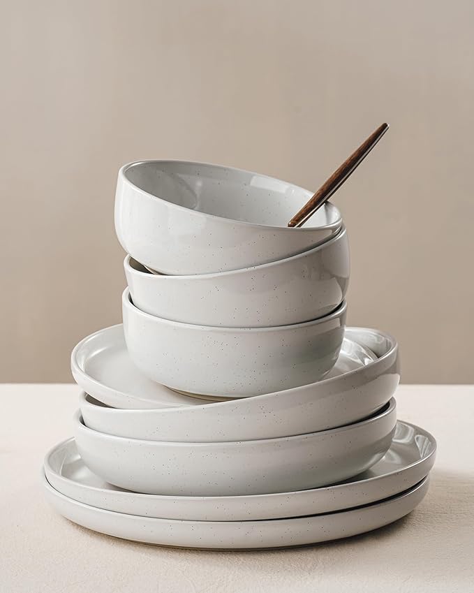 Famiware Milkyway Stoneware Dinnerware Sets with Pasta Bowls, Service for 4 (16 Pieces), Plates and Bowls Sets -Scratch Resistant, Microwave and Dishwasher Safe Dishes Set, White