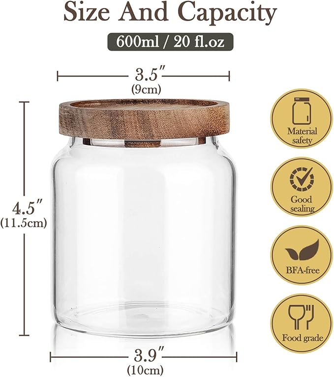 Labina Glass Storage Container Airtight Food Jars Kitchen Canister with Wood Lids, 20 Oz Wide Mouth Pantry Organization Glass Jar for Flour, Sugar, Cookie, Spagetti, Nuts and Candy (2 Pack)