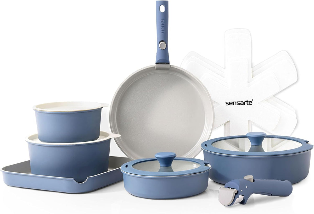 SENSARTE 17 Piece Ceramic Pots and Pans Set, Nonstick Detachable Handle Cookware, Induction Kitchen Cookware Set with Removable Handle, Dishwasher ＆ Oven Safe (Navy)