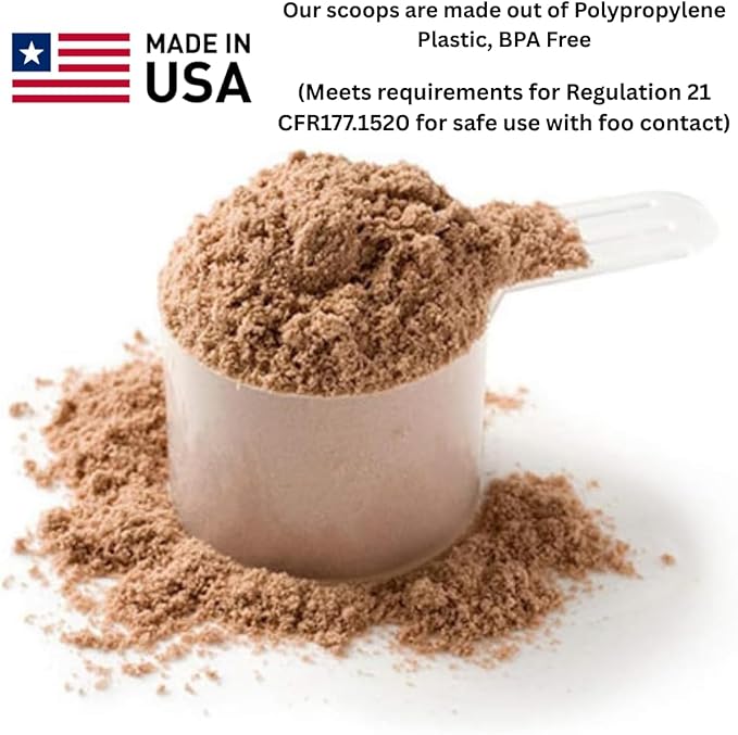 Plastic Measuring Scoop, (70 cc | 4.73 tbsp | 2.37 fl oz. | 70 mL) Long Handle Spoons for Powders, Granules, Coffee, Pet Food, Baking Supplies, Protein and Other Dry Goods, BPA Free (Set of 5)