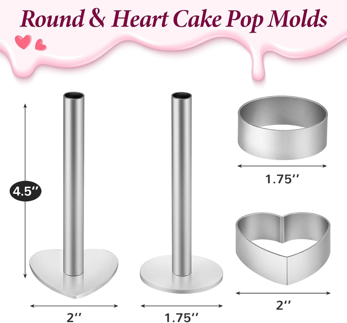 Webake Circle and Heart Cake Pop Cutter and Pusher, 304 Stainless Steel Cake Pop Molds, Easy Use, Non Toxic, Set of 4