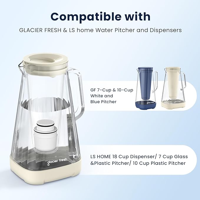 GLACIER FRESH 3X Flow Rate Water Pitcher Filter Replacement for LS Home and GF Glass Pitchers and Dispensers, 5-Stage Activated Carbon Filter Certified to Remove 99% of Chlorine, 1 Pack