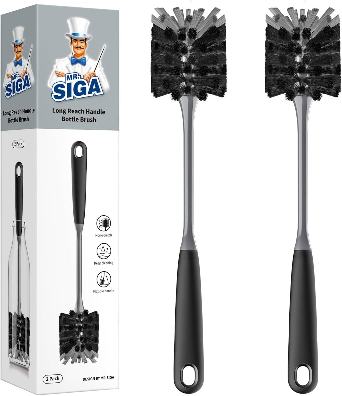 MR.SIGA Long Handle Bottle Brush, Flexible Scrub Brush for Water Bottles, Glasswares, Mugs, Black, 2 Pack