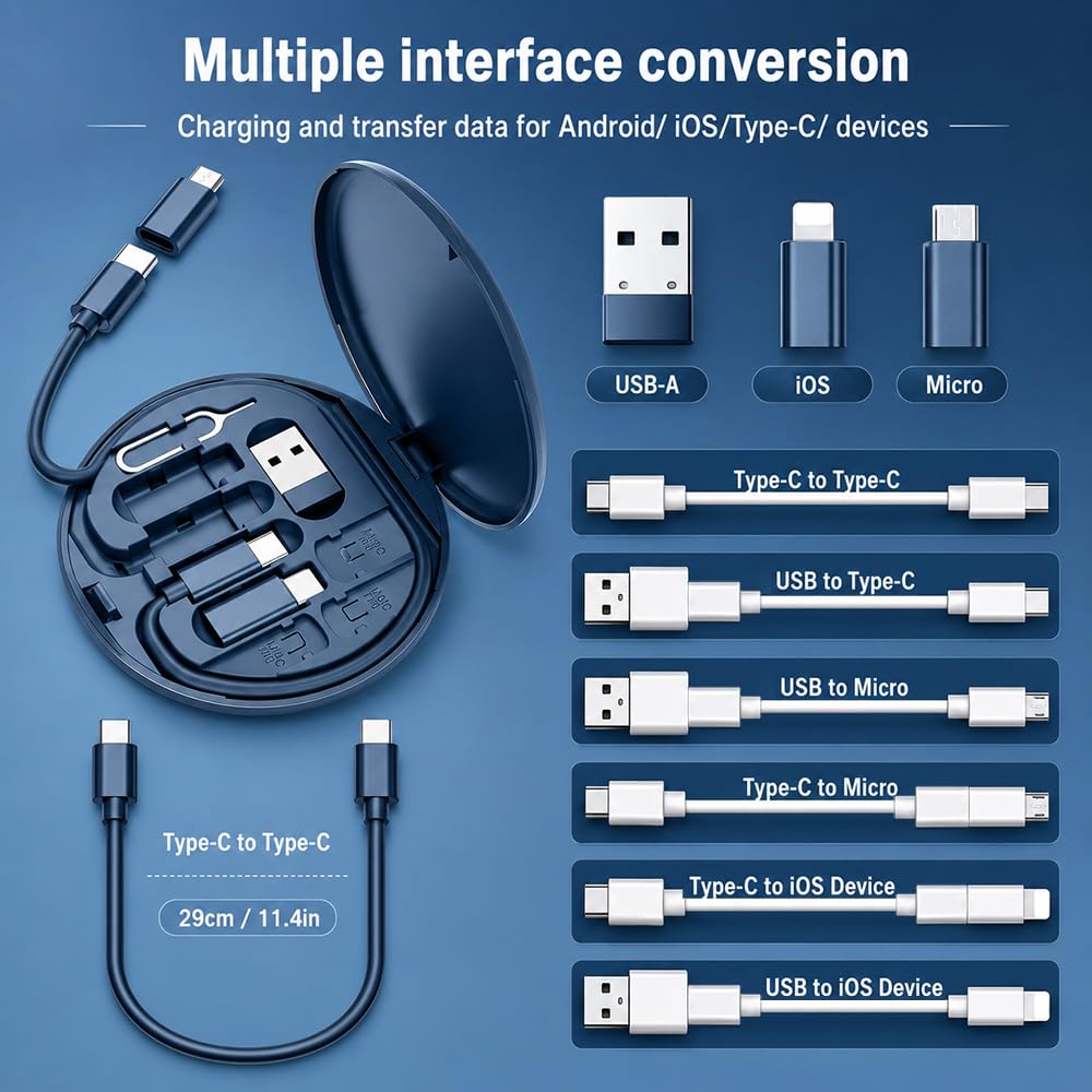 Yesimla USB C Adapter Kit, Multi Charging Cable Case Convertor USB C to iOS Device Type C Micro Adapter Data Transfer Contains Card Slot for Traveling, Use as Phone Holder(Midnight Blue)