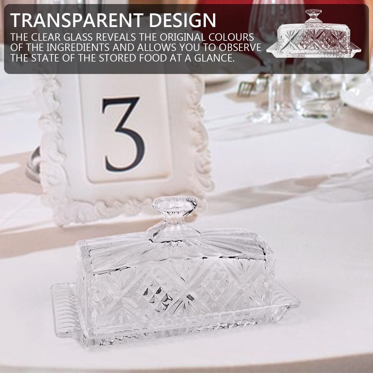 Glass Butter Dish with Lid Handle Butter Keeper Dessert Tray Cake Plate Crystal Covered Butter Dish for Home Kichen Candy, Dessert, Parfait, Jam