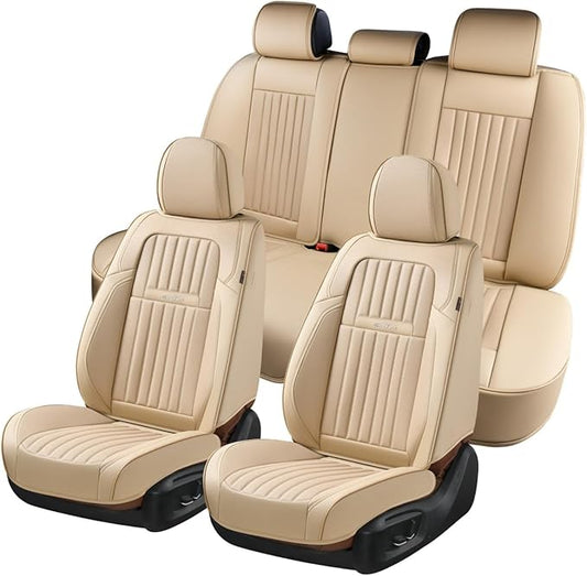Coverado Front and Back Seat Covers for Cars, Nappa Leather Car Seat Covers, Automotive Seat Covers for Trucks, 5 Seats Waterproof Carseat Protector Car Seat Cover Beige, Universal Fit for Most Cars