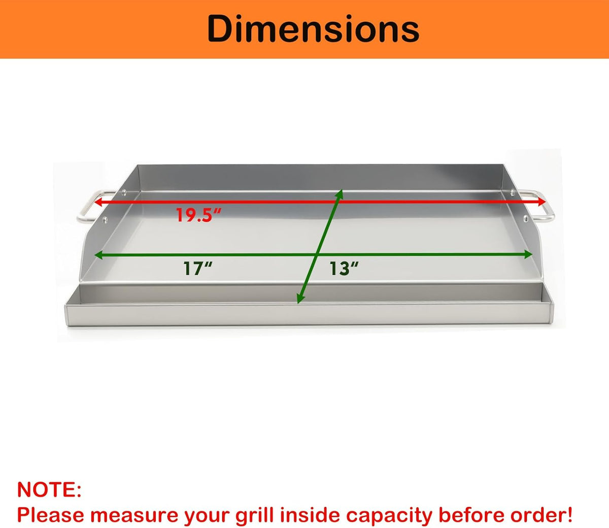 Universal Stainless Steel Griddle Flat Top Plate Grill-Top Griddle Pan with Even Heating Cross Bracing for BBQ Charcoal/Gas Grills, Camping, Tailgating, and Parties (17"*13")