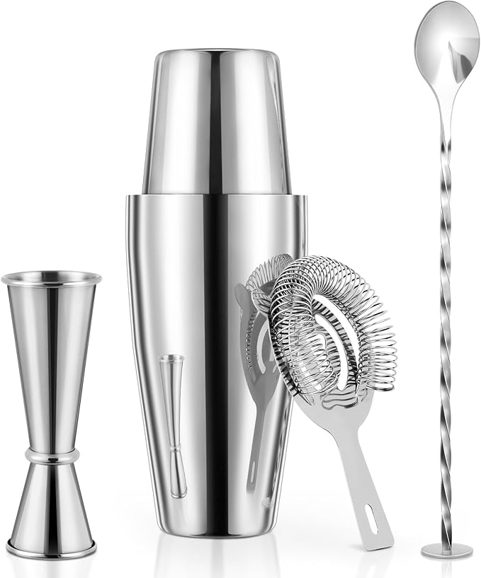 X Home Cocktail Shaker Set, Professional 4-Piece Bartender Kit with Boston Shaker, Hawthorne Strainer, Double Measuring Cocktail Jigger, and 10-inch Mixing Spoon, Bartender's Choice