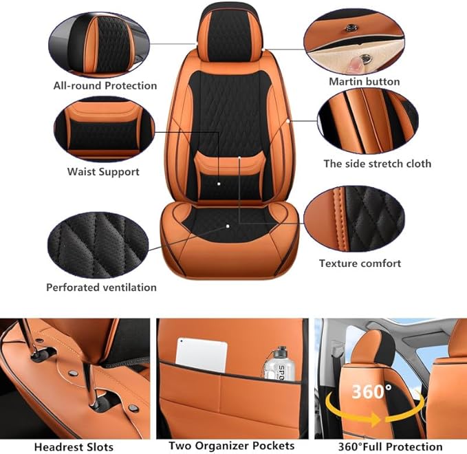 Car Seat Covers Full Set Custom Fit for Chevrolet/Chevy HHR 2006-2011 - Premium Faux Leather with Lumbar Support | Breathable, Waterproof, Anti-Slip, Durable (Black&Brown,Full Set)